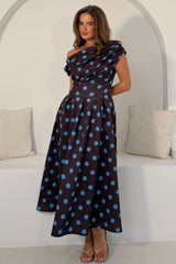 Betty Asymmetric Neckline Skater Midi Brown Polka