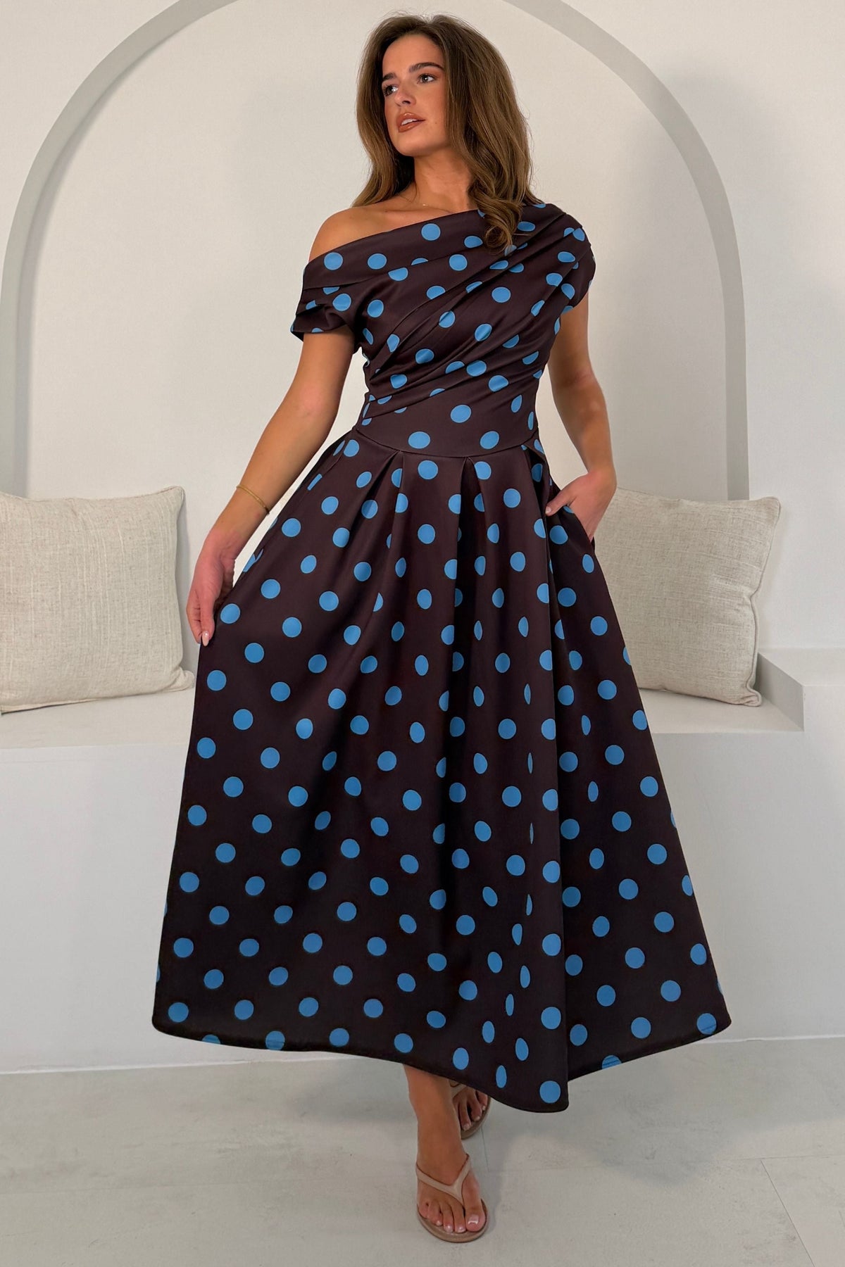 Betty Asymmetric Neckline Skater Midi Brown Polka