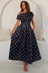 Betty Asymmetric Neckline Skater Midi Brown Polka