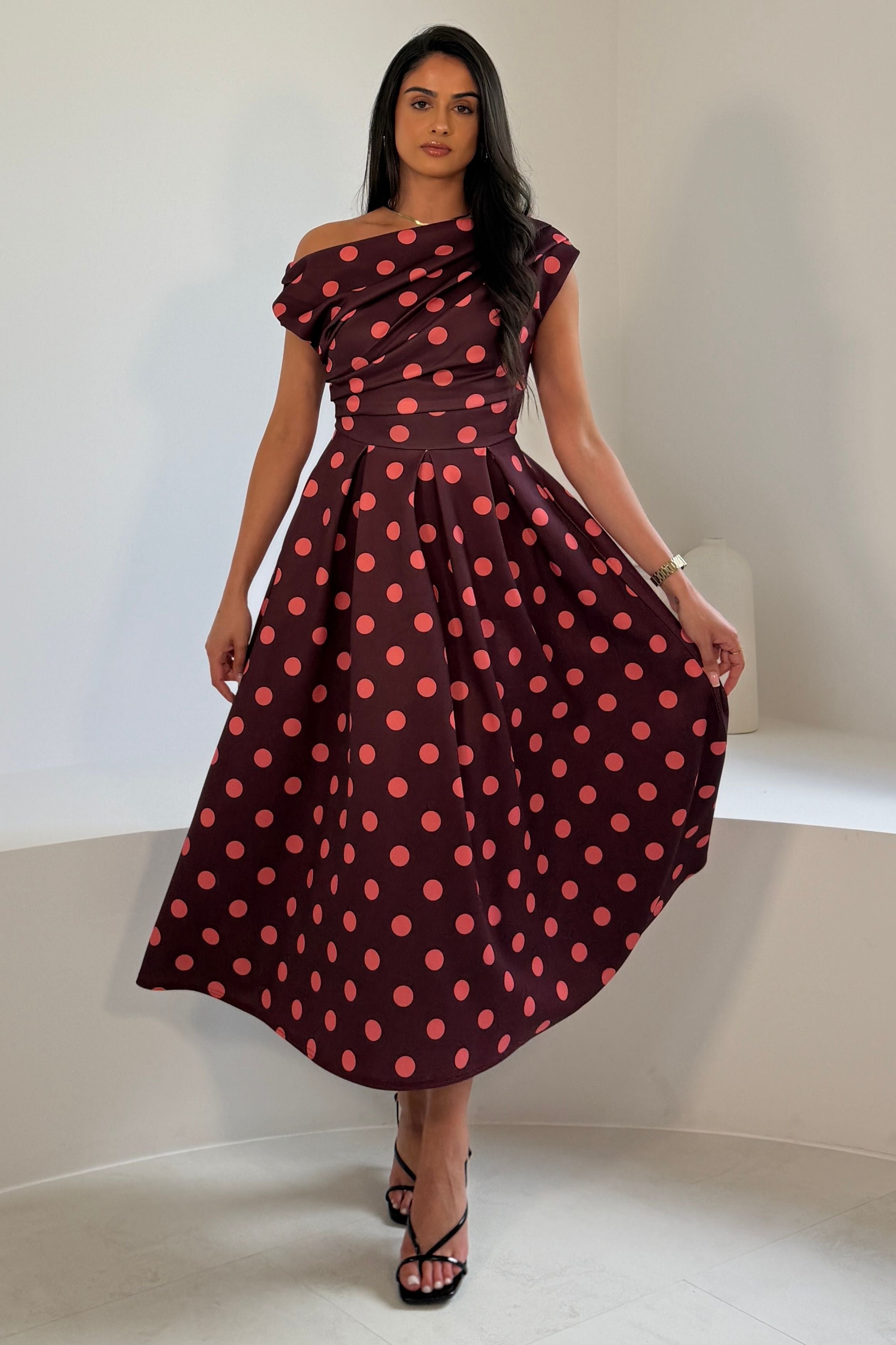 Betty Asymmetric Neckline Skater Midi Pink Polka