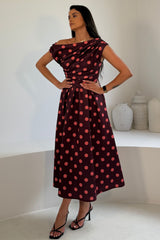 Betty Asymmetric Neckline Skater Midi Pink Polka