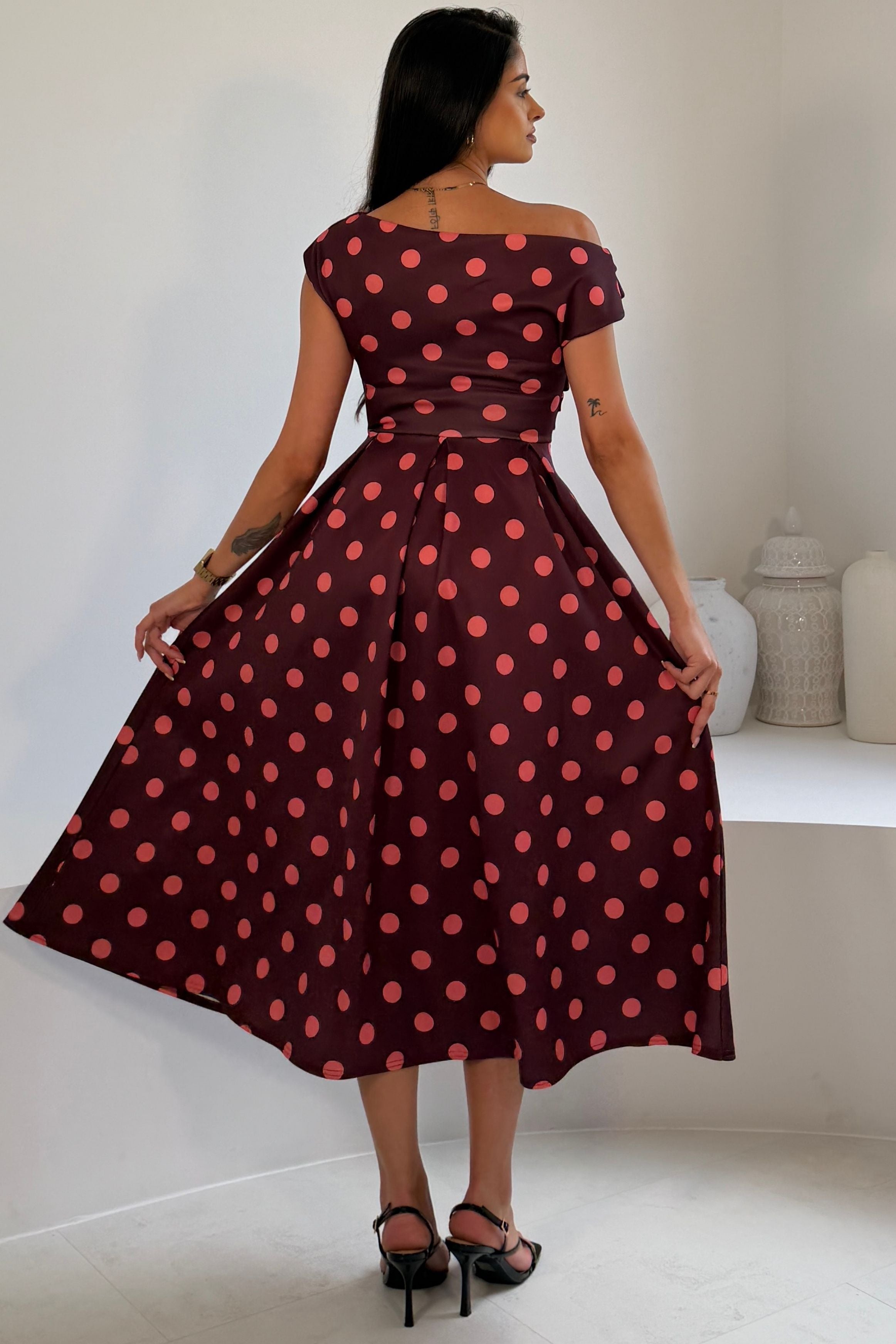 Betty Asymmetric Neckline Skater Midi Pink Polka