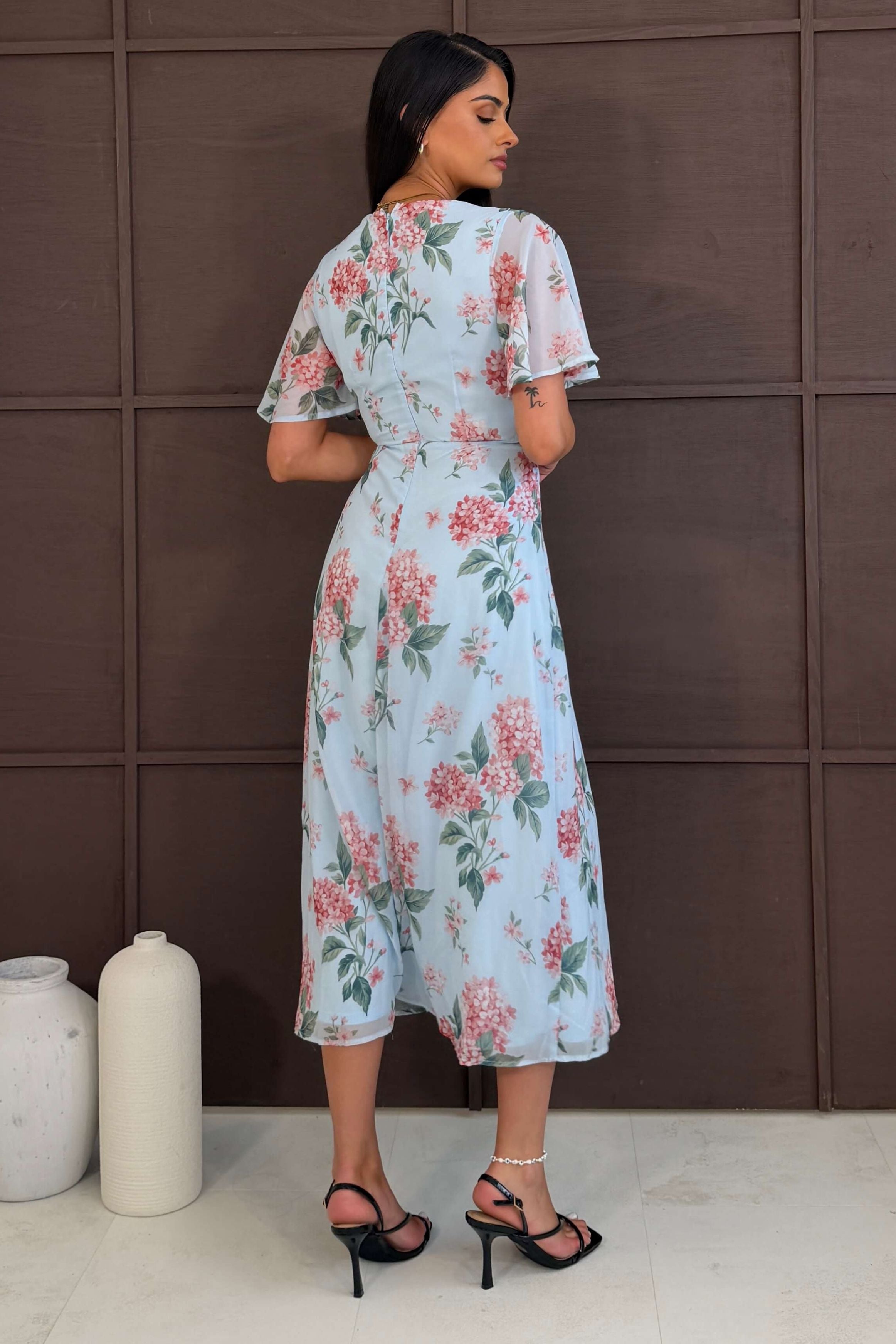 Daisy Wrap Neck Twist Detail Midi Dress Blue
