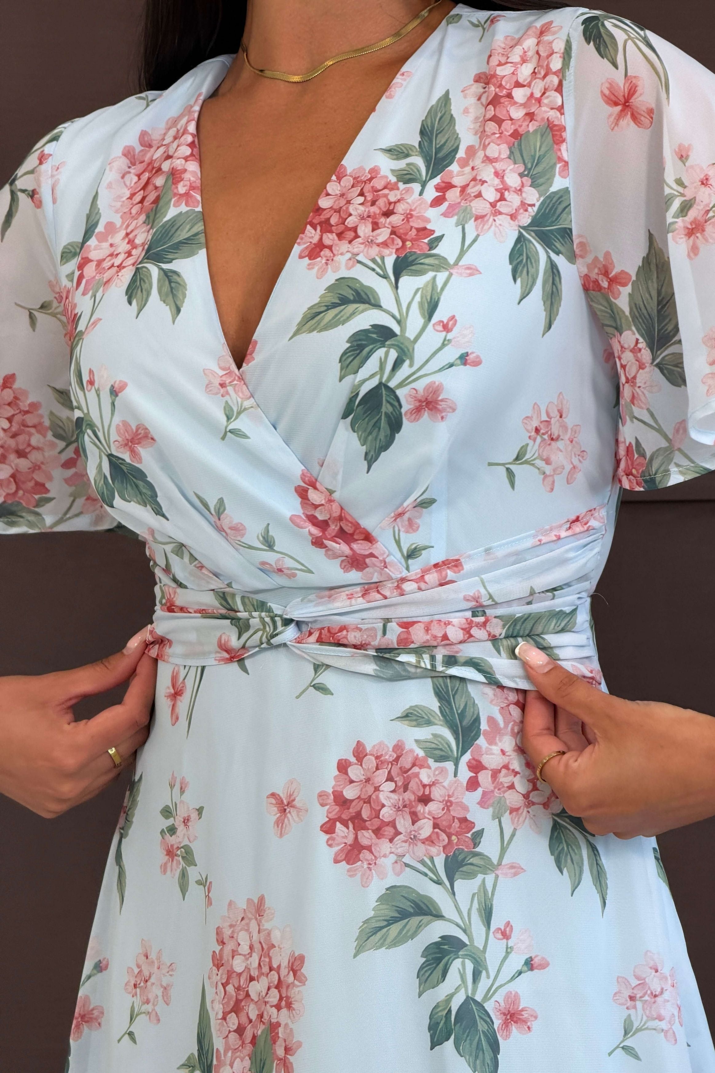 Daisy Wrap Neck Twist Detail Midi Dress Blue