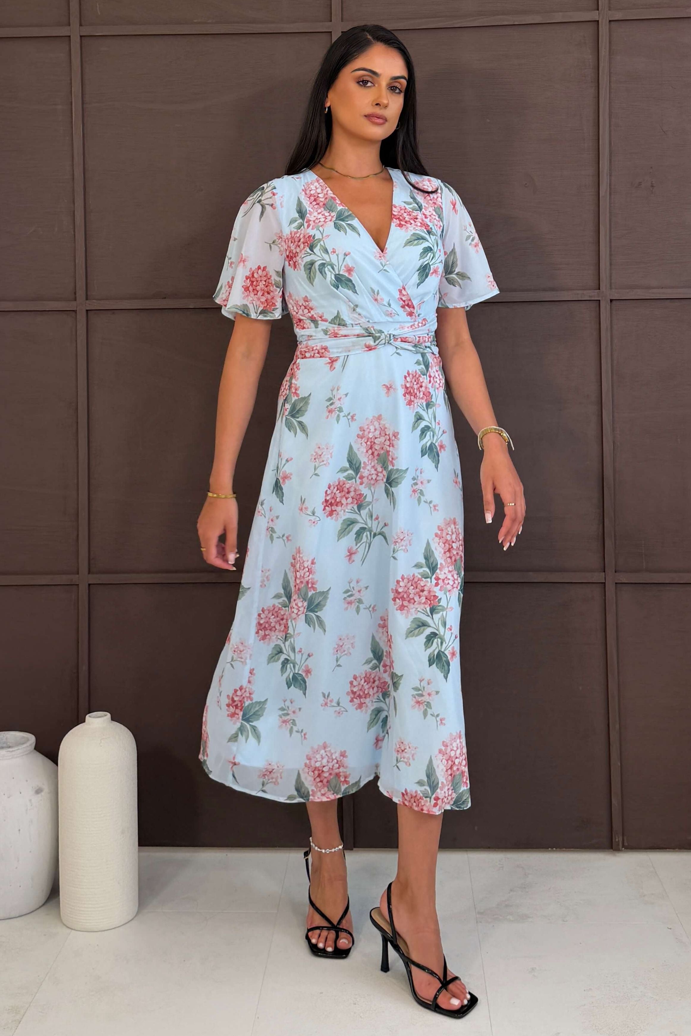 Daisy Wrap Neck Twist Detail Midi Dress Blue